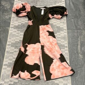 Hutch from Anthro -Dark Brown and Pink Puff-Sleeve Wide-Leg Jumpsuit